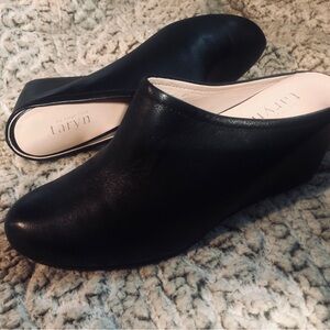 Taryn Rose Black Leather Wedge Mules
